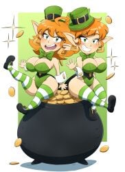 ahoge bean_smile breasts cleavage elf_ears green_eyes hi_res hoop_earrings kobi-tfs kobi_(kobi) large_ass large_breasts leotard leprechaun orange_hair pot_of_gold shortstack simple_background st._patrick's_day thick_thighs thighhighs valerie_(kobi)