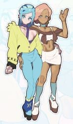 2023 2boys 2femboys absurd_res arm_up bare_arms bare_shoulders blue_eyes blue_hair blue_nails blue_pants blush choker clothing crop_top crossdressing dark-skinned_femboy dark-skinned_male dark_skin ear_piercing earrings femboy femboy_only full_body gay glo-s-s grusha_(pokemon) hand_on_hip high_heel_boots highres ilima_(pokemon) jacket jewelry light-skinned_male light_skin long_hair looking_at_viewer looking_to_the_side male male_only male_with_painted_nails matching_hair/eyes midriff multiple_boys nail_polish navel nintendo nipples off-shoulder_jacket off_shoulder pants pencil_skirt piercing pink_hair platform_heels pokemon pokemon_sm pokemon_sv revealing_clothes shirt short_hair simple_background skirt socks standing tank_top thigh_gap thighs tight_clothing white_shirt white_skirt zoom_layer