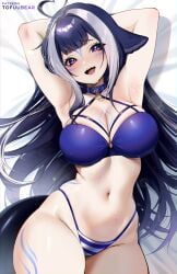 1girls armpits arms_up bikini blue_hair body_markings breasts female hi_res huge_breasts indie_virtual_youtuber light-skinned_female light_skin long_hair lying_on_back purple_eyes shylily tail tofuubear virtual_youtuber