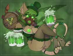 2023 accessory alcohol anthro anus barrel beverage big_breasts breasts brown_body brown_fur clothing ear_piercing ear_ring english_text eye_through_hair eyebrow_through_hair eyebrows female fur furgonomics furry gas_mask genitals glowing glowing_eyes glowing_nipples green_background green_bow_tie green_clothing green_eyes green_liquid green_nipples green_topwear hair hat headgear headwear holding_beer_mug holidays inner_ear_fluff looking_at_viewer mammal mask nipples piercing pussy ring_piercing rodent simple_background skaven skull_and_crossbones solo st._patrick's_day tail tail_accessory text toeless_thigh_highs top_hat topwear translucent translucent_hair tuft warhammer_(franchise) warhammer_fantasy wearing_mask yawg