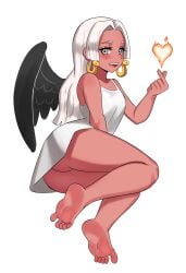 1girls ass barefoot black_wings blush dark-skinned_female dark_skin earrings feet female female_only foot_fetish one_piece s-snake_(one_piece) seraphim_(one_piece) solo star-shaped_pupils thighs white_background white_hair wings ytrall