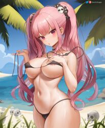 1girls alternate_hairstyle beach bikini breasts female greatodoggo hi_res hololive hololive_english hololive_myth large_breasts long_hair looking_at_viewer mori_calliope nipples outdoors pink_hair red_eyes twintails virtual_youtuber