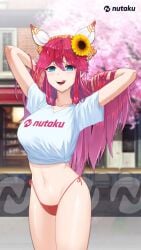 1girls 2023 big_breasts blue_eyes cat_ear_headphones english_text flower_in_hair hand_in_hair hands_behind_head hourglass_figure licking_lips light-skinned_female light_skin logo logo_on_shirt long_hair long_pink_hair looking_at_viewer nutaku nutaku-tan panties pink_hair sunflower sunflower_hair_ornament t-shirt text text_on_shirt