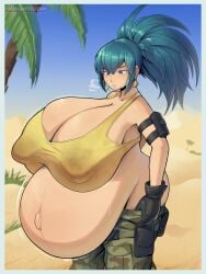 1girls belly big_belly big_breasts blue_hair blush breasts cleavage earrings female female_only huge_belly huge_breasts hyper_belly king_of_fighters large_belly leona_heidern nipple_bulge nipples outie_navel pants_down pregnant royaloppai snk solo sweat