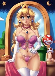 1girls artist_name blonde_hair blue_eyes breasts cleavage female female_focus large_breasts leonart lingerie looking_at_viewer mario_(series) nintendo nipples panties piranha_plant princess_peach sex_toy solo_focus standing super_mario_bros. thigh_gap underwear