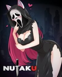 2023 arm_under_breasts bent_over big_breasts blush cat_ear_headphones cleavage cloak english_text female_ghostface finger_on_cheek ghostface ghostface_(cosplay) knife logo long_hair long_pink_hair movie_poster nutaku nutaku-tan pink_hair scream_(franchise) text thick_thighs