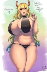 1girls breasts coffeeslice female female_only huge_breasts kobayashi-san_chi_no_maidragon looking_at_viewer lucoa lucoa_(maidragon) quetzalcoatl_(dragon_maid) tagme text thick_thighs tight_bra