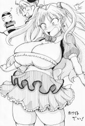 1girls ahoge bangs blush bowtie cleavage dress earrings eyebrows_visible_through_hair female frilled_dress frills gloves ha_jin huge_breasts japanese_text light-skinned_female light_skin long_hair looking_down monochrome open_mouth parted_bangs pencil_(artwork) renka_(senran_kagura) senran_kagura simple_background skindentation standing straight_hair text thick_thighs tongue twintails white_background zettai_ryouiki