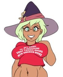 1girls abdomen belly belly_button big_breasts brawlhalla breasts dark-skinned_female dark_skin fait_(brawlhalla) glasses green_eyes green_hair happy hat looking_at_viewer pathyena shirt solo solo_female text_focus text_on_clothing video_games waist