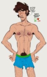 armpit_hair balls big_balls big_bulge bulge caucasian caucasian_male chest_hair dialogue english_text facial_hair flaccid hairy huge_bulge male male_only penis penis_outline penis_peek scooby-doo shaggy_rogers shirtless solo solo_male speech_bubble strip_game throatpussy underwear