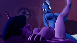 2020s 2023 3d_(artwork) 4k absurd_res anthro anthrofied areola bed bedroom big_areola big_breasts blue_body blue_fur breasts closed_eyes curvaceous curvy_figure cutie_mark detailed_background digital_media_(artwork) duo equid equine eyelashes female female/female fingers friendship_is_magic fur furniture grey_hair hair hasbro hi_res horn inside lying mammal my_little_pony navel nipples nude on_back on_bed purple_body purple_eyes purple_fur sex short_hair smile source_filmmaker themanwithaquest thick_thighs tribadism trixie_(mlp) twilight_sparkle_(mlp) unicorn vaginal_penetration voluptuous wide_hips