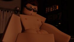 3d big_ass blush brown_hair cuntboy eyebrows femboy freckles gabbers girly glasses hand_behind_head highres horny intersex light-skinned_male nipples pussy roblox robloxian showing_off sitting thick_thighs