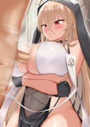 1boy 1girls action_lines arms_under_breasts azur_lane black_gloves blonde_hair blush breasts censored covered_nipples cowboy_shot cross-eyed female gloves half_gloves highres huge_breasts implacable_(azur_lane) light-skinned_female light-skinned_male light_skin long_hair looking_at_penis mosaic_censoring motion_lines nagaotama nipple_bulge nun nun's_habit paizuri penis perpendicular_paizuri red_eyes royal_navy_(azur_lane) see-through solo_focus straight surprised thrusting very_long_hair