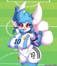 2023 absurd_res anthro argentina big_breasts blue_hair female meowstic nyasplush pokemon pokemon_(species) red_eyes soccer_field solo