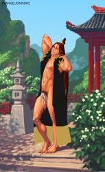 1boy abs black_hanfu brown_eyes brown_hair evangelionngr2 exclusive exclusive_qishan_hanfu exposed_nipple flowers gay hanfu headpiece inviting_to_sex jewelry looking_at_viewer mo_dao_zu_shi open_clothes pecs penis pubic_hair qishan_hanfu qishan_robe small_penis solo solo_male tied_penis wen_ruohan