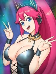 1girls big_breasts blue_eyes bracelets cat_ear_headphones choker cleavage corset laced_corset light-skinned_female light_skin long_hair long_pink_hair long_ponytail looking_at_viewer nutaku nutaku-tan peace_sign pink_hair ponytail smile women's_day