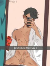 1boy black_hair blurry_background bottomless clothing erect_nipples erection exposed_nipples gay gay_sex holding_phone implied_sex inviting_to_sex mirror_selfie open_shirt precum_drip sexting skeppy spread_legs wanting_sex