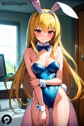 ai_generated animal_ears ass_visible_through_thighs bare_legs bare_shoulders blonde_hair blue_bow blue_bowtie blue_leotard blush bow bowtie breasts cleavage closed_mouth cowboy_shot detached_collar fake_animal_ears female golden_darkness hairband highleg highleg_leotard indoors konjiki_no_yami leotard long_hair looking_at_viewer medium_breasts pikkiwynn playboy_bunny rabbit_ears rabbit_tail red_eyes solo strapless strapless_leotard tail thighs to_love-ru wrist_cuffs