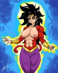 andromeda_(vpagonart) background black_hair blush breasts breasts_out dragon_ball dragon_ball_xenoverse earrings female_focus female_only goddess gold_jewelry headband leggings muscular muscular_female original_character pink_nipples red_fur saiyan super_saiyan_4 tail tight_pants transformation vpagonart yellow_eyes