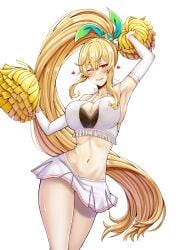 armpits blonde_female blonde_hair boob_window cheering cheerleader cheerleader_outfit cheerleader_uniform cleavage cygames dragalia_lost elisanne female female female_only heart large_breasts navel nintendo pom_poms ponytail saikunartworks smile sweat thighs white_background wink