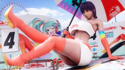 1girls 3d ayane_(doa) big_breasts breasts car clothed_female clothing dead_or_alive female goodsmile_racing holding_umbrella legs_up looking_at_viewer race_queen racing_miku sampples sitting_on_car skirt solo solo_female solo_focus umbrella underboob