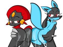 alpha_channel anthro ass auriia_(pencil-arts) black_body black_fur blue_body blue_fur blush bodily_fluids breasts butt_grab carmine_(pencil-arts) claws cum cum_on_butt cum_on_leg duo eyelashes fan_character female fur generation_4_pokemon genital_fluids hand_on_butt hi_res looking_at_viewer lucario nintendo open_mouth pencil-arts pokemon pokemon_(species) presenting presenting_hindquarters red_eyes simple_background spikes spikes_(anatomy) sweat transparent_background weavile