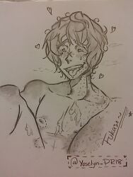 <3 1boy ahe_gao bandage_on_nose bite_mark_on_nipple bite_mark_on_thigh bite_marks blush blush_lines blushing bruises cum_on_chest drooling fang fukase gay hearts hickey implied_anal implied_penetration implied_sex legs_up male_only messy_hair monochrome nose_bandage offscreen_character offscreen_male out_of_frame_censoring short_hair sketch sweat tearing_up tears tears_of_pleasure tongue_out visible_breath vocaloid yaoi yoselyn_pnsfw