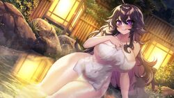 1girls big_breasts big_thighs breasts busty completely_nude completely_nude_female female female_only hot_spring huge_breasts huge_thighs large_breasts large_thighs long_hair naked_towel nude nude_female nyarla_(osiimi) osiimi purple_eyes solo solo_female thick_thighs thighs towel voluptuous