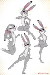 absurd_res anthro buckteeth disney exclamation_point female flat_chest flat_chested fur genitals grey_body grey_fur hi_res judy_hopps lagomorph leporid looking_at_viewer mammal nude one_eye_closed purple_eyes pussy rabbit signature simple_background smile star teeth w4g4 zootopia