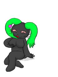 anthro big_breasts black_fur da-da ear_hands featureless_breasts female furry genderswap_(mtf) green_ears hand_on_breast heart lagomorph light_pink_eyes light_red_sclera oyasaioni9 rabbit rule_63 sitting teach_the_cat unusual_mouth whiskers