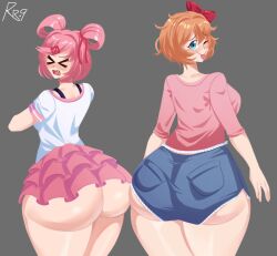 2girls ass big_ass blush bottom_heavy clothed_female doki_doki_literature_club embarrassed female female_only huge_ass large_ass looking_at_viewer looking_back natsuki_(doki_doki_literature_club) sayori_(doki_doki_literature_club) shirt shorts skirt snesti sticking_out_tongue tongue tongue_out