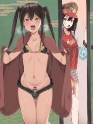 1boy 1girls absurdres bar_censor black_hair blurry blurry_foreground blush brother_and_sister bulge cape caught censored crossdressing fate/grand_order fate_(series) female femboy girly hat heavy_breathing highres himesamaiove looking_at_viewer navel oda_nobukatsu_(fate) oda_nobunaga_(fate) open_mouth otoko_no_ko penis red_eyes red_shirt shirt siblings small_penis standing thigh_gap tongue twintails