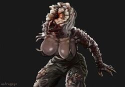 big_breasts blood breasts clicker clothed clothing cordyceps eyeless female fungus hair infected monster monster_girl naughty_dog nedrugaya nightmare_waifu partially_clothed simple_background solo sony_interactive_entertainment the_last_of_us the_last_of_us_2