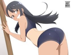 1girls ass ass_focus big_ass black_hair blush brown_eyes clothed clothing female_focus female_only hayase_nagatoro kdtwifi long_hair looking_at_viewer looking_back please_don't_bully_me,_nagatoro pose presenting revealing_clothes small_breasts smile solo tan tan_skin tanline tanned watermark white_background