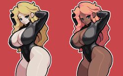 2girls adnyc arms_behind_head black_leotard blonde_hair blue_eyes breasts cleavage covered_navel covered_nipples curvy female female_only hands_in_hair huge_breasts leotard multiple_girls outline red_background sana_(adnyc) smile thick_thighs thighs white_outline