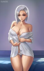 1girls american artist_logo ashe_(overwatch) bed big_nipples blizzard_entertainment blue_bed_sheet brown_lips brown_lipstick clothing_down covering_nipples deviantart_username elizabeth_caledonia_ashe female female_only flowerxl front_view hi_res looking_at_viewer no_bra overwatch overwatch_2 pale-skinned_female platinum_hair purple_eyes purple_wall reflection_appearance short_hair sideboob solo thick_thighs video_game_character white_clothing white_panties