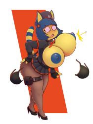 animal_crossing ankha ankha_(animal_crossing) anthro areola big_breasts blush blush_lines bottomwear breasts cat_girl clothed clothing dress exposed_breasts felid feline female footwear gloves goddess_of_victory:_nikke hand_on_butt handwear hi_res high_heels legwear mammal nintendo nipples pantyhose raki_boi shocked shocked_expression skirt solo wardrobe_malfunction