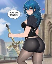 1girls alternate_costume artist_name ass big_ass blue_eyes blush byleth_(fire_emblem) byleth_(fire_emblem)_(female) detailed_background english_text female female_only fire_emblem fire_emblem:_three_houses heart highres large_breasts lepypepy looking_at_viewer looking_back medium_breasts nintendo pantyhose shorts sky solo speech_bubble sword sword_of_the_creator talking_to_viewer teal_hair text watermark weapon