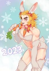 1boy 2023 abs ambush_(trap) animal_costume animal_ears animal_hands blonde_hair breasts carrot collar demon_slayer femboy forked_eyebrows happy_new_year highres kimetsu_no_yaiba long_hair male_focus marotoskin multicolored_hair navel otoko_no_ko rabbit_costume rabbit_ears rabbit_tails rengoku_kyoujurou solo thighhighs two-tone_hair year_of_the_rabbit