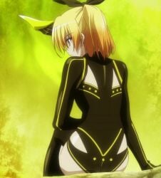 1girls ass big_ass blonde_hair blue_eyes bodysuit dakara_boku_wa_h_ga_dekinai fat_ass from_behind fukumune_iria hi_res horn legs monster_girl ponytail screencap screenshot sitting stitched thighs voluptuous