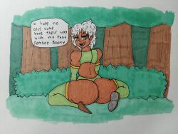 big_ass big_butt brown_skin bushes clothed clothing femboy grass green_clothing huge_ass huge_butt marker_(artwork) pen_(artwork) thick thick_ass thick_thighs traditional_media_(artwork) twink white_hair woodland woods yellow_eyes