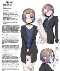 1boy 2023 aroused black_jacket blazer blue_hair blue_shirt blush breath brown_hair bulge character_sheet choker embarrassed english_text erection erection_under_clothes excessive_precum feet_out_of_frame femboy flaccid gradient_hair hamidemachi hard_translated huge_cock hung_trap large_testicles light-skinned_male light_skin male male_only measurements medium_hair original original_character otoko_no_ko pants precum precum_drip precum_through_clothing profile purple_eyes sera_aori_(hamidemachi) simple_background solo standing stats steam sweatdrop testicles text translated two-tone_hair uncensored v-neck white_background white_pants