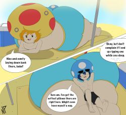 2020s 2022 2boys abs beach beach_towel big_ass blue_hair cooler cory_(nataliebum25) couple dialogue dumptruck_ass femboy gay huge_ass large_ass laying_down male mario_(series) mega_mushroom mini_mushroom nataliebum25 nintendo orange_hair original_character rusty_(nataliebum25) shorts size_difference speech_bubble sunglasses sunglasses_on_head thick_thighs toad_(mario) umbrella wide_hips yaoi