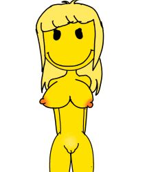 big_breasts dot_eyes glaggle_(character) orange_nipples pubic_hair pussy smile yellow_body yellow_hair yellow_pubic_hair yellow_skin