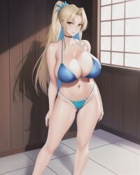 ai_generated bikini blonde_hair blue_bikini female female_focus female_only huge_breasts indoors long_hair mature_female naruto naruto_(series) naruto_shippuden necklace thigh_clothes tsunade zerjailes