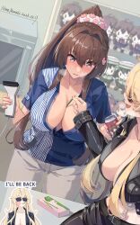 2girls absurdres barcode_scanner belt between_breasts black_belt black_skirt blonde_hair blush breasts brown_eyes brown_hair can cashier center_opening character_doll cleavage convenience_store counter cropped_jacket employee_uniform female female_only flower food grey_pants hair_flower hair_ornament high_ponytail highres himeyamato holding holding_can iowa_(kantai_collection) jacket kantai_collection kongou_(kantai_collection) large_breasts leather leather_jacket long_hair long_sleeves microwave midriff miniskirt multiple_girls no_bra open_mouth pants pantyhose partially_unbuttoned partially_unzipped pocky scrunchie sexual_harassment shelf shigure_(kantai_collection) shirt shop short_sleeves sidelocks skirt slap_mark slap_mark_on_face sleeves_past_wrists source_quote store_clerk striped striped_shirt sunglasses terminator_(series) the_terminator uniform vertical-striped_shirt vertical_stripes white_scrunchie yamato_(kantai_collection) yukikaze_(kantai_collection)