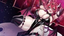 big_breasts big_thighs breasts busty female hands_behind_head huge_breasts huge_thighs large_breasts large_thighs mole mole_on_breast mole_on_thigh mole_under_mouth osiimi steam succubus succubus_horns succubus_tail succubus_wings thick_thighs thighs wide_thighs