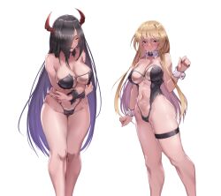 2girls alternate_costume arms_under_breasts azur_lane bismarck_(azur_lane) black_hair blonde_hair blue_eyes blush breasts bunnysuit cleavage contrapposto covered_navel detached_collar feet_out_of_frame friedrich_der_grosse_(azur_lane) gris_swimsuit hair_between_eyes hair_over_one_eye highleg highres horns iron_blood_(azur_lane) large_breasts leaning_forward leotard light-skinned_female light_skin long_hair looking_at_viewer mechanical_horns meme_attire moonfilin_(filinishsche) multiple_girls nontraditional_playboy_bunny playboy_bunny red_horns see-through see-through_clothing see-through_leotard simple_background standing strapless strapless_leotard thigh_strap translucent_bunnysuit transparent_bunnysuit very_long_hair white_background wrist_cuffs yellow_eyes