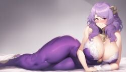 ai_generated big_breasts camilla_(fire_emblem) fire_emblem fire_emblem_fates huge_breasts jewelry large_breasts matalica nintendo on_bed pinup purple_dress purple_eyes purple_hair