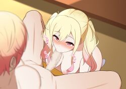 1boy blonde_hair blowjob brother_and_sister completely_nude erection fellatio female incest kneeling_blowjob mosaic_censoring penis project_sekai red_eyes shayama siblings straight tenma_saki tenma_tsukasa twintails unseen_male_face